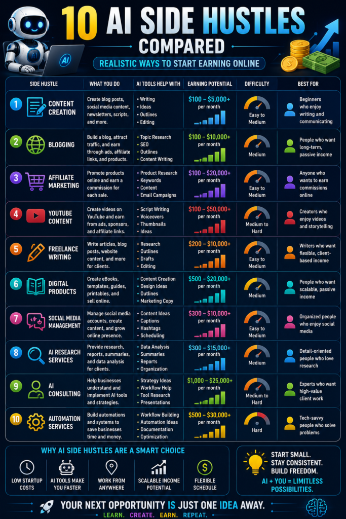 10 AI side hustles compared